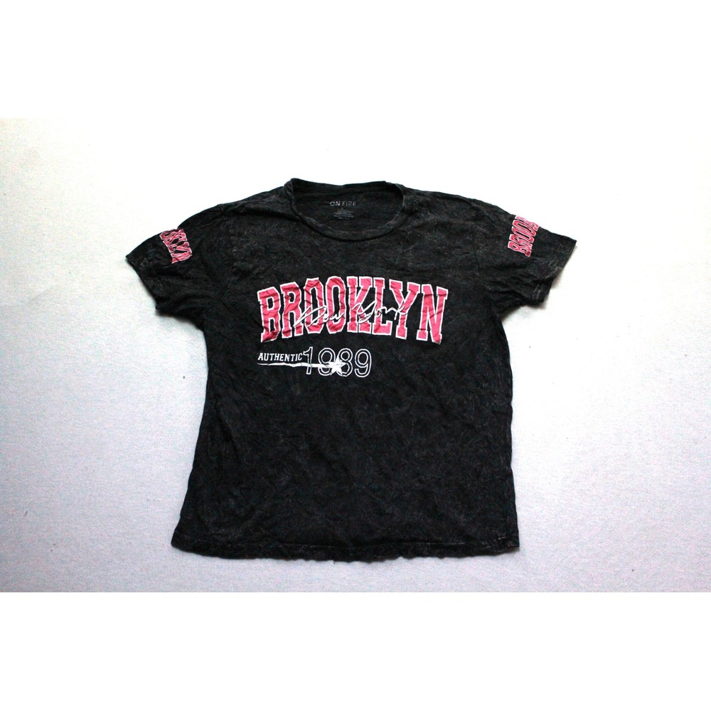 On Fire Graphic Tee Womens Large Black Excellent Brooklyn 1989 Acid Wash Cotton